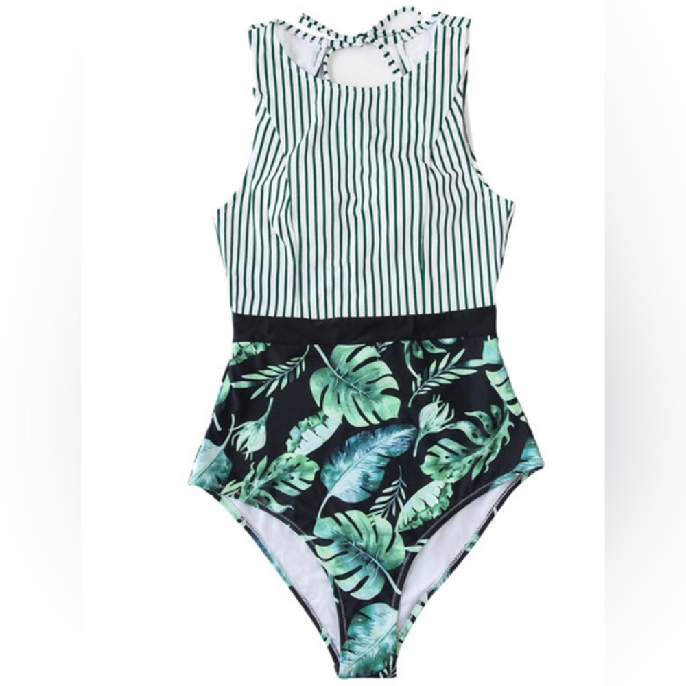 CUPSHE Black Striped And Green Leaf One-piece Swimsuit Women Sexy Cutout Monokin